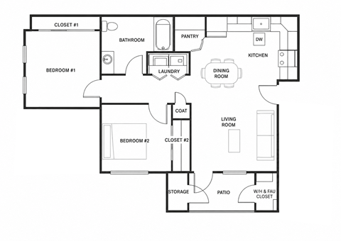Floor plan for 2 beds, 1 bath, 765 sqft
